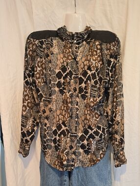 Jordan Brown Black and Tan Animal Print Button-Down Blouse